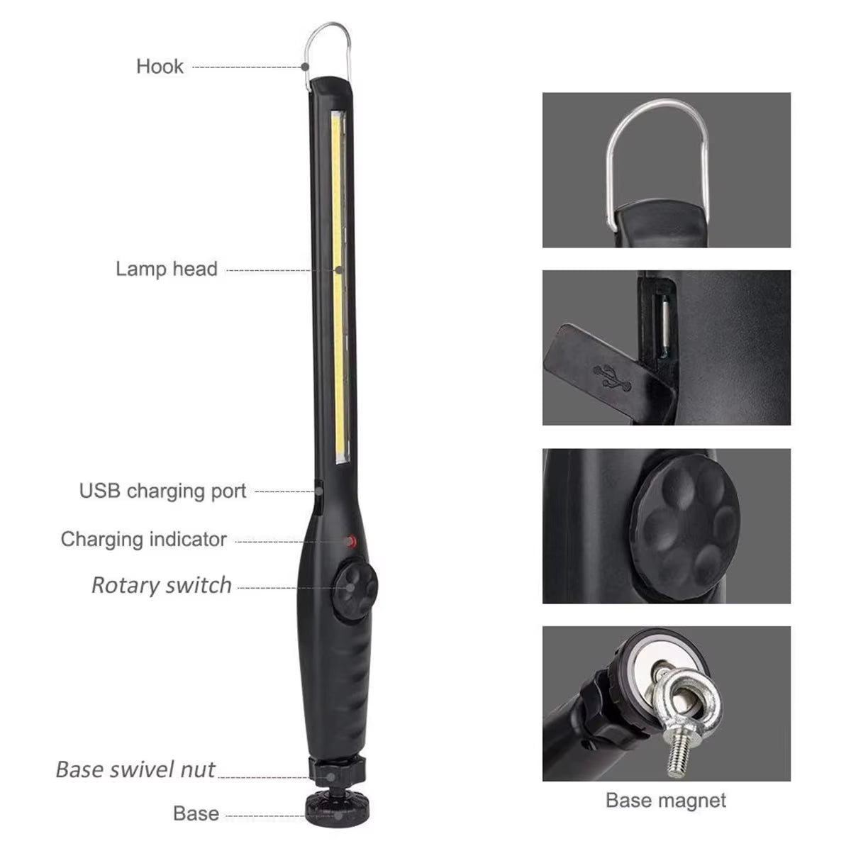 Led Waterproof Work Light Power Flashlight with Magnet Rechargeable Portable Camping 360°Rotation Base Bright Work Light Usb New